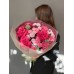 Букет №204 из малиновых французских одноголовых, кустовых пионовидных роз, кустовой хризантемы и эвкалипта