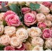 Букет №16 - роза кустовая пионовидная Pink Irishka, роза кустовая пионовидная Bombastic, эвкалипт Cineria, фисташка