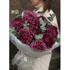 Букет №110 из сортовой хризантемы Bigoudi Purple и эвкалипта