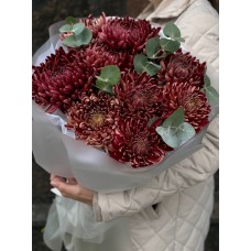 Букет №111 из сортовой хризантемы Bigoudi Red и эвкалипта